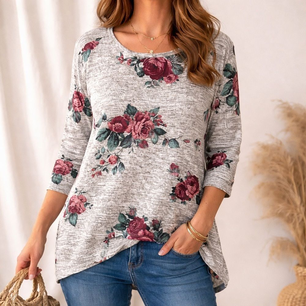 Women’s Large Gray Floral Tunic Top High Low Hem Soft Knit 3/4 Sleeve
